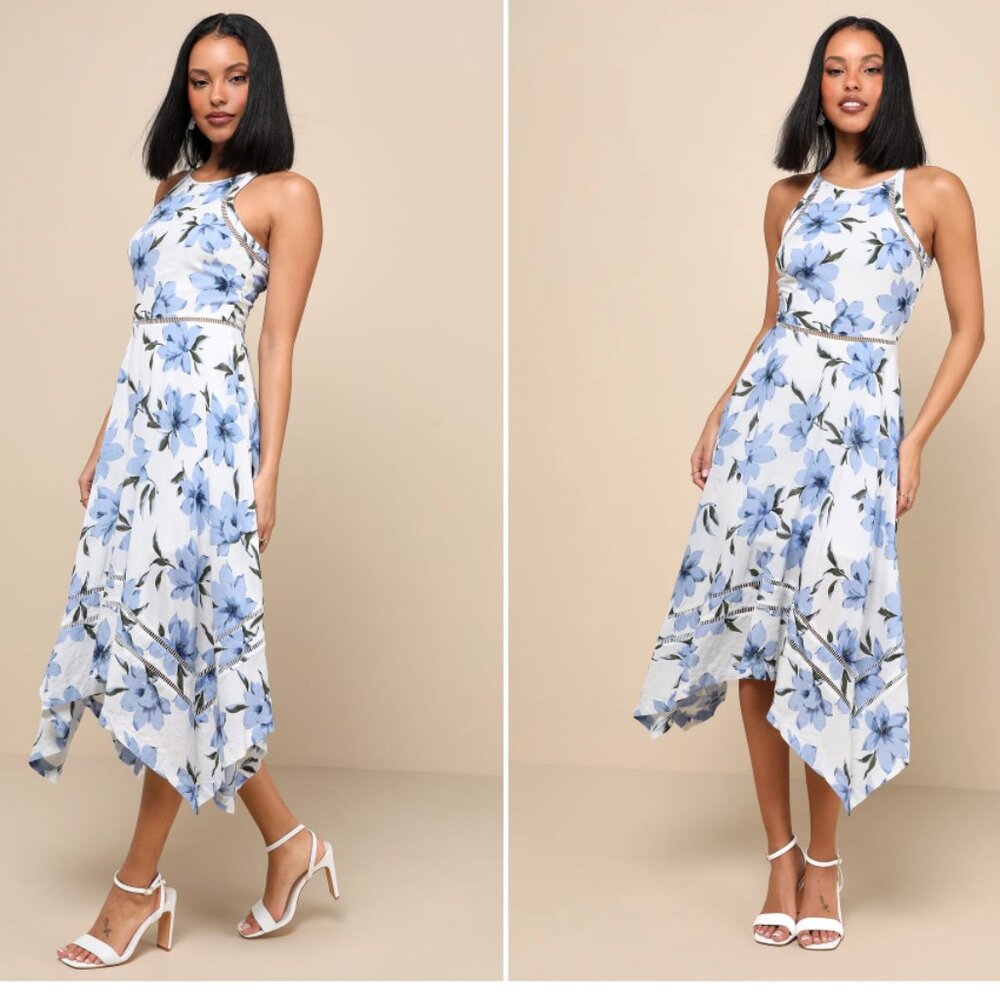 Zahara Blue and White Floral Print Midi Dress
